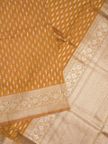 Dupion fancy saree golden yellow color allover zari motifs & zari border with rich pallu and plain blouse