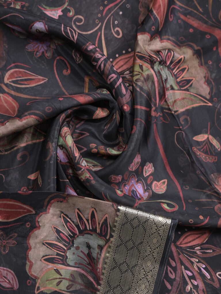 Georgette fancy saree black color allover prints & zari border with zari pallu and plain blouse