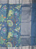 Georgette fancy saree peacock blue color allover prints & zari border with zari pallu and plain blouse