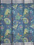 Georgette fancy saree peacock blue color allover prints & zari border with zari pallu and plain blouse