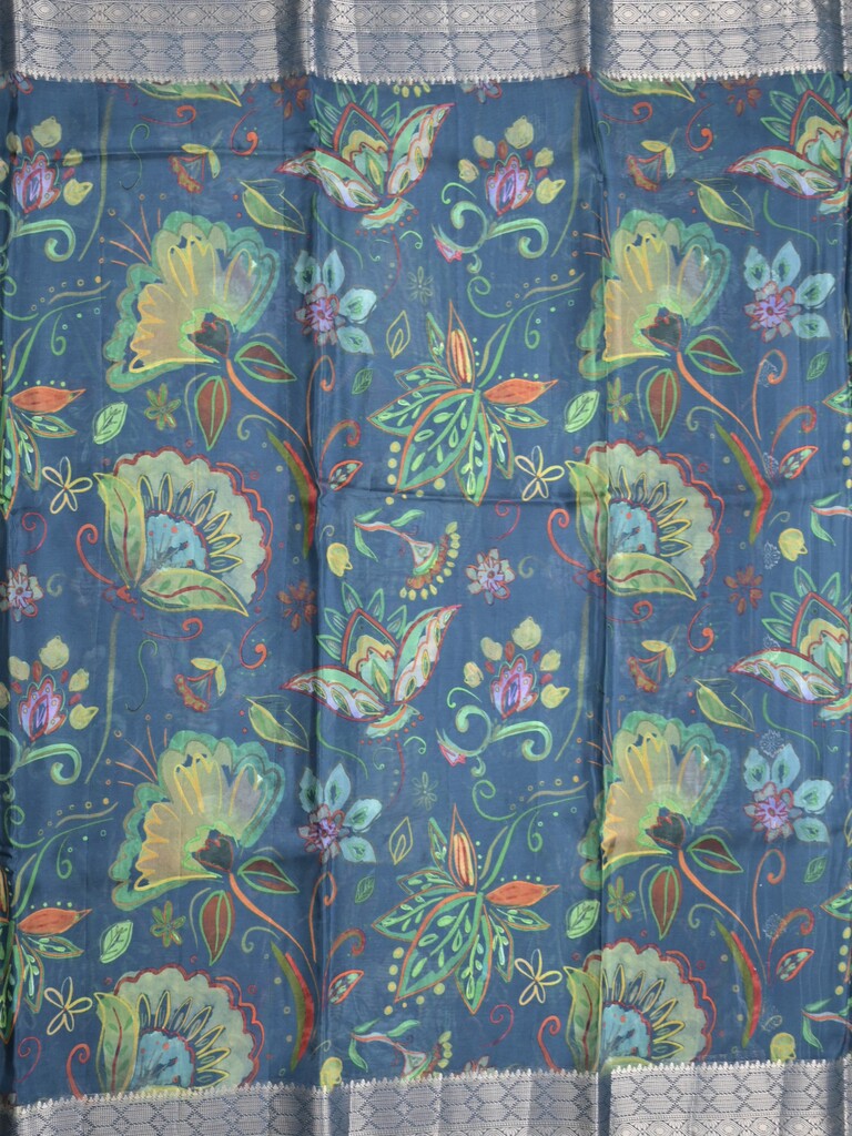 Georgette fancy saree peacock blue color allover prints & zari border with zari pallu and plain blouse