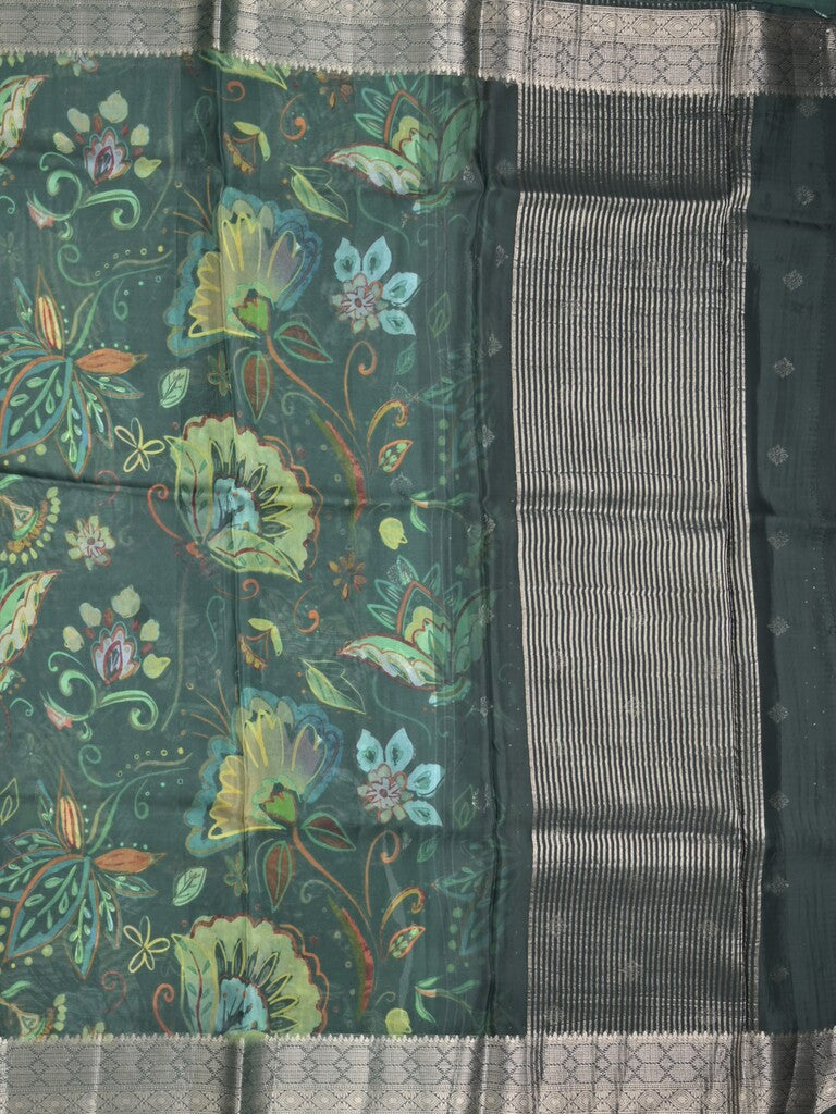 Georgette fancy saree dark green color allover prints & zari border with zari pallu and plain blouse