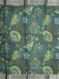 Georgette fancy saree dark green color allover prints & zari border with zari pallu and plain blouse