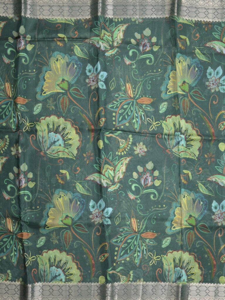 Georgette fancy saree dark green color allover prints & zari border with zari pallu and plain blouse