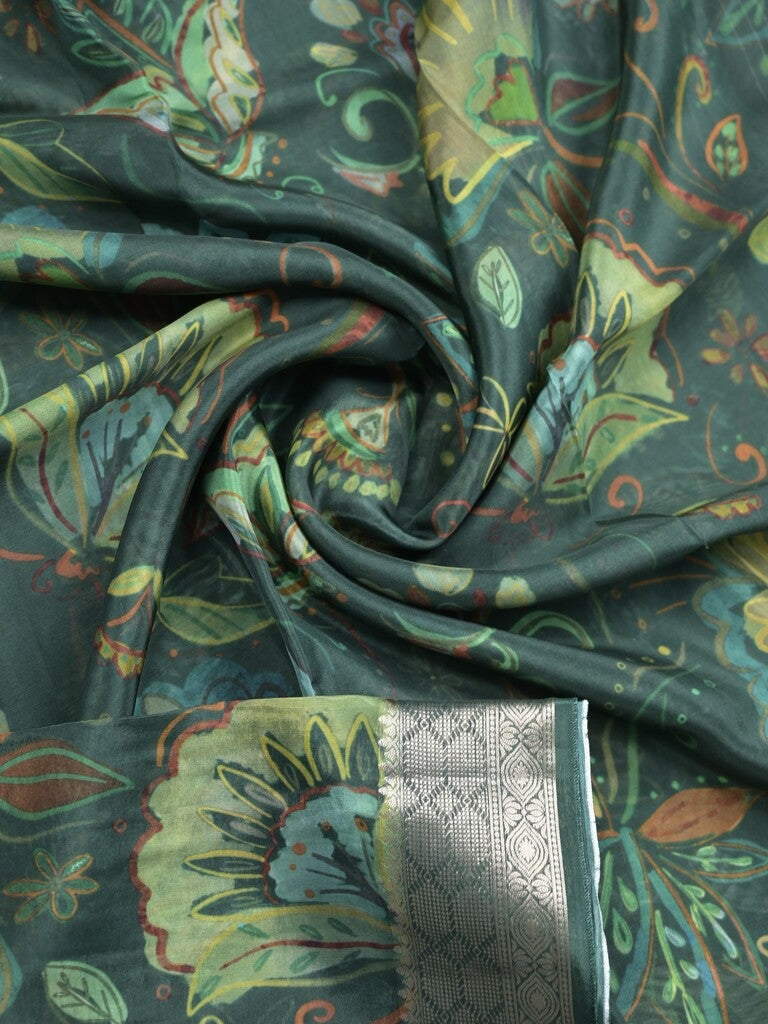 Georgette fancy saree dark green color allover prints & zari border with zari pallu and plain blouse