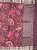 Georgette fancy saree maroon color allover prints & zari border with zari pallu and plain blouse