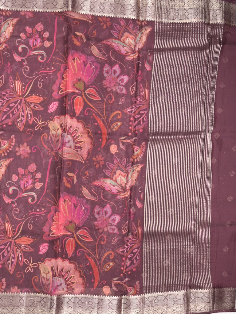 Georgette fancy saree maroon color allover prints & zari border with zari pallu and plain blouse