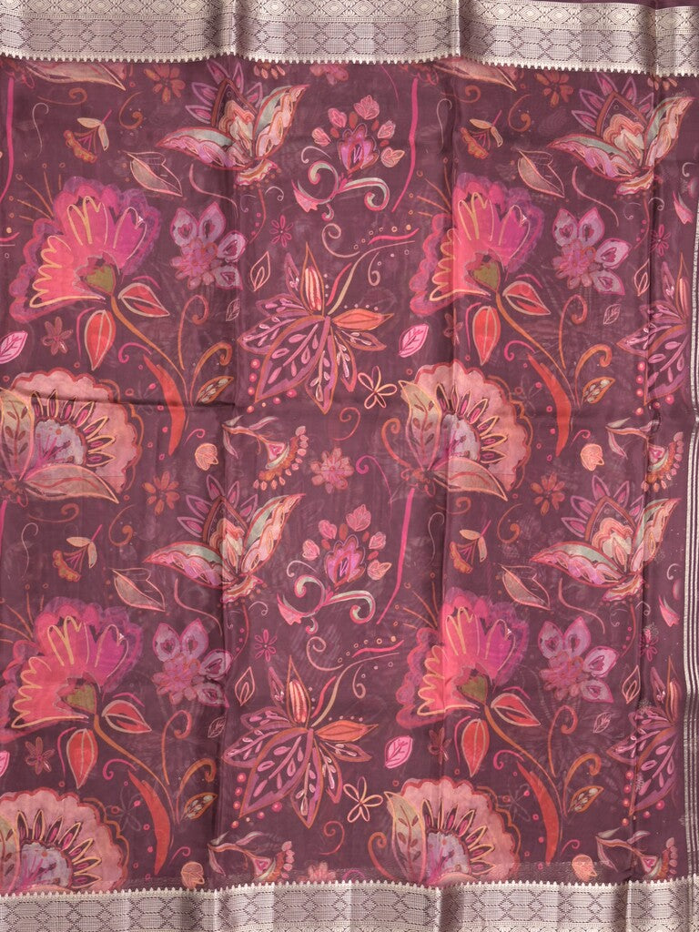 Georgette fancy saree maroon color allover prints & zari border with zari pallu and plain blouse