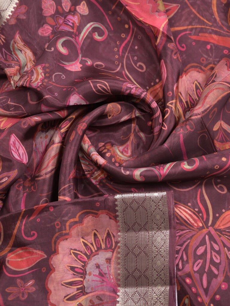 Georgette fancy saree maroon color allover prints & zari border with zari pallu and plain blouse
