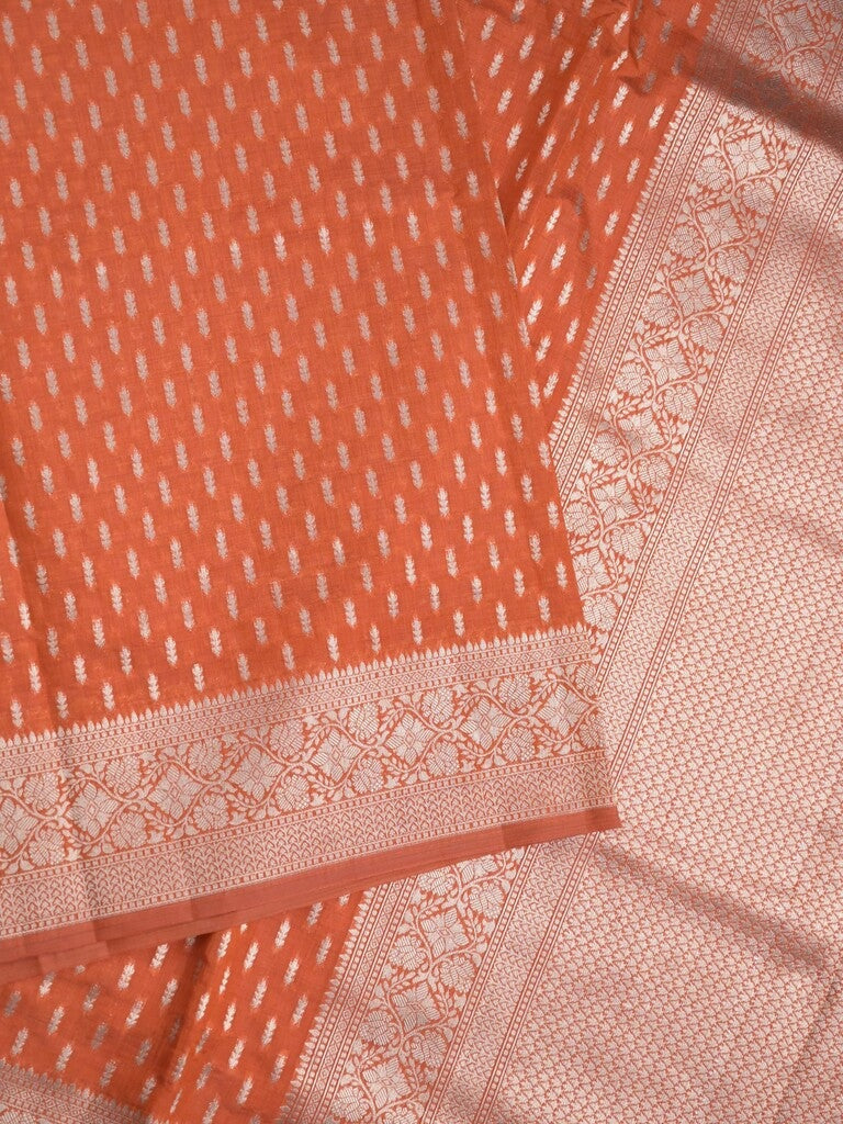 Dupion fancy saree orange color allover zari motifs & zari border with rich pallu and plain blouse