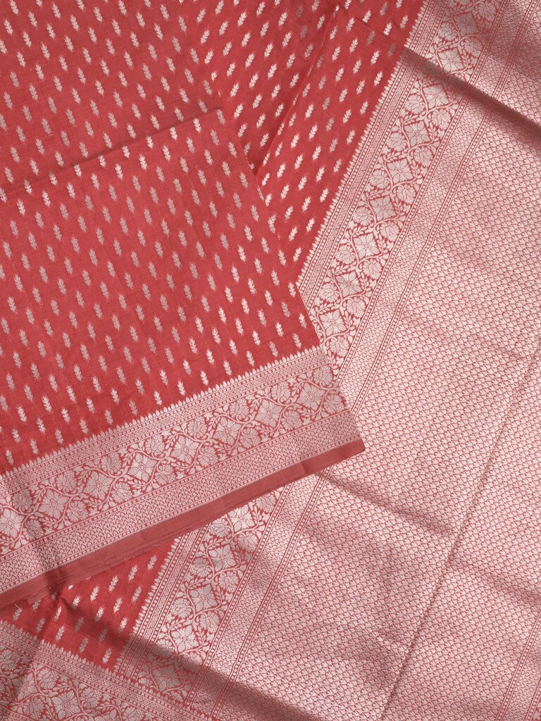 Dupion fancy saree red color allover zari motifs & zari border with rich pallu and plain blouse