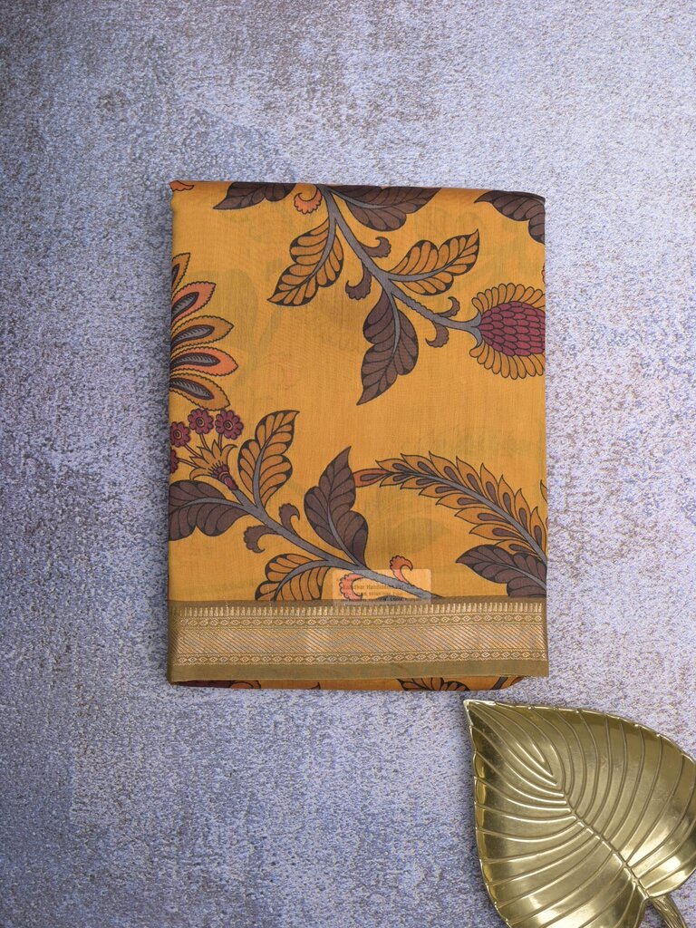 chanderi printed fancy saree for women | lemon yellow | zari border | party wear
