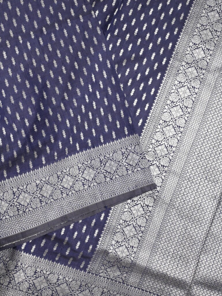 Dupion fancy saree navy blue color allover zari motifs & zari border with rich pallu and plain blouse