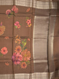 Maheshwari fancy saree brown color allover stripes, prints & zari border with zari pallu and plain blouse