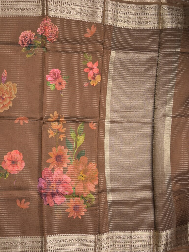 Maheshwari fancy saree brown color allover stripes, prints & zari border with zari pallu and plain blouse