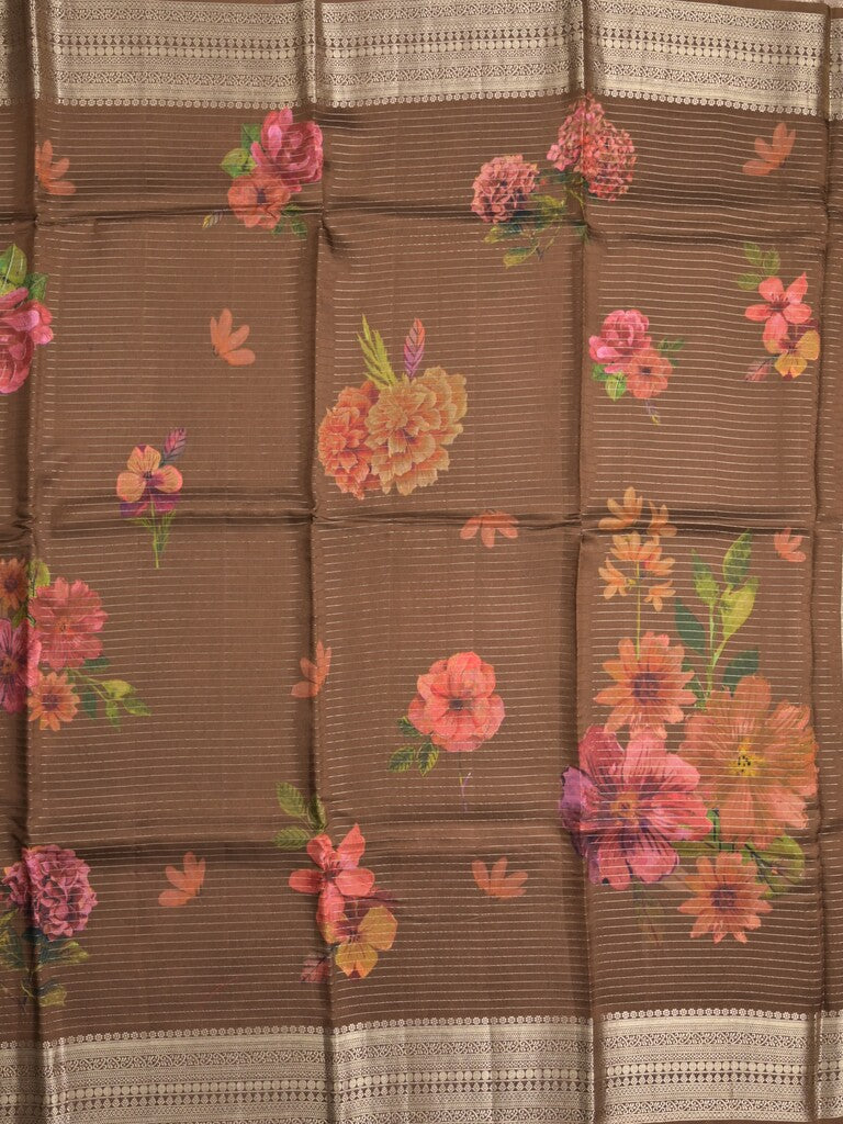 Maheshwari fancy saree brown color allover stripes, prints & zari border with zari pallu and plain blouse