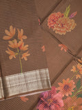 Maheshwari fancy saree brown color allover stripes, prints & zari border with zari pallu and plain blouse