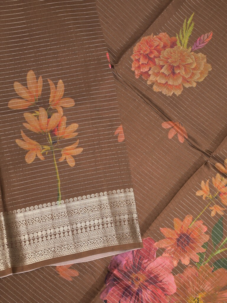Maheshwari fancy saree brown color allover stripes, prints & zari border with zari pallu and plain blouse