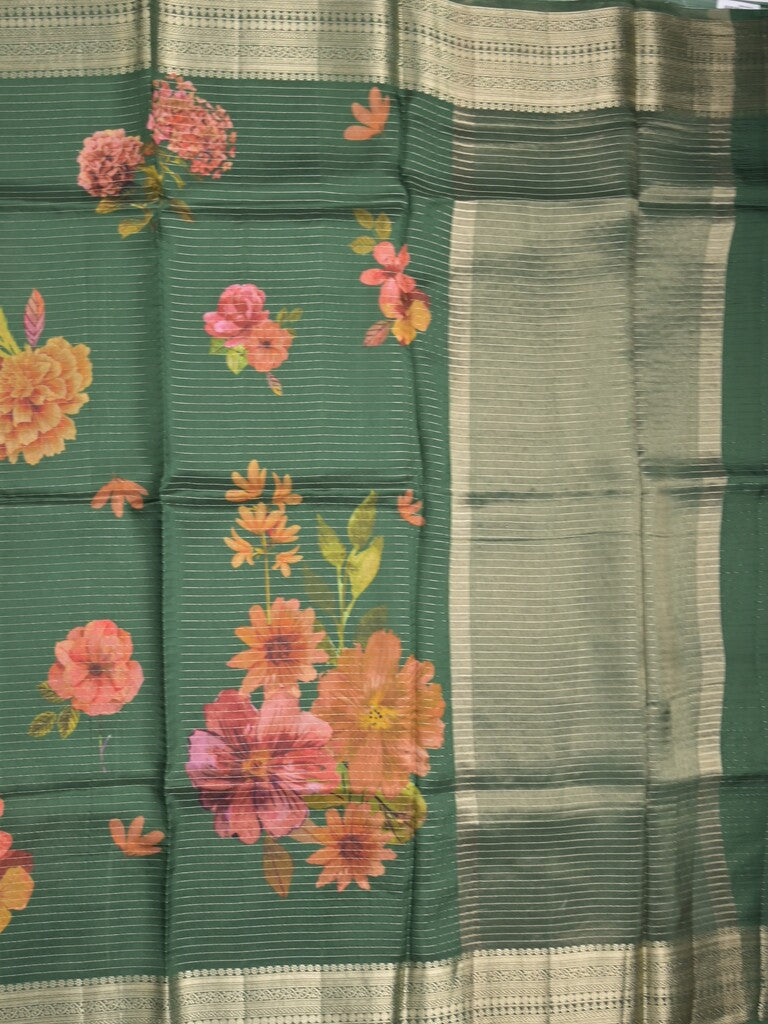 Maheshwari fancy saree bottle green color allover stripes, prints & zari border with zari pallu and plain blouse