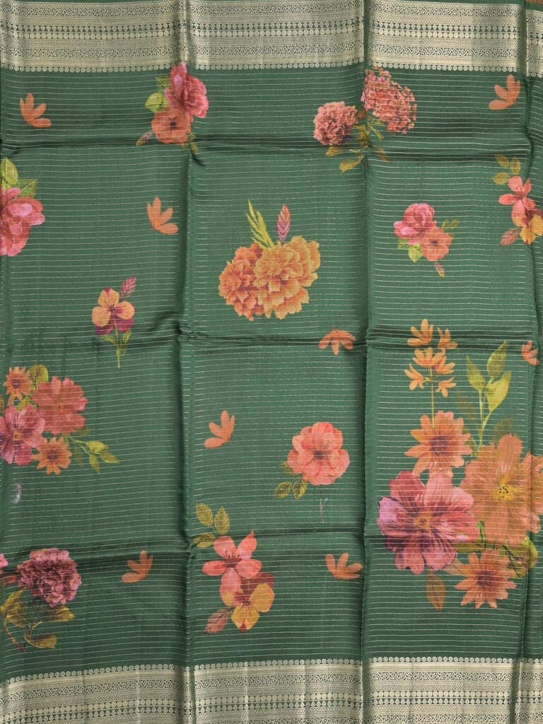 Maheshwari fancy saree bottle green color allover stripes, prints & zari border with zari pallu and plain blouse