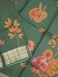 Maheshwari fancy saree bottle green color allover stripes, prints & zari border with zari pallu and plain blouse