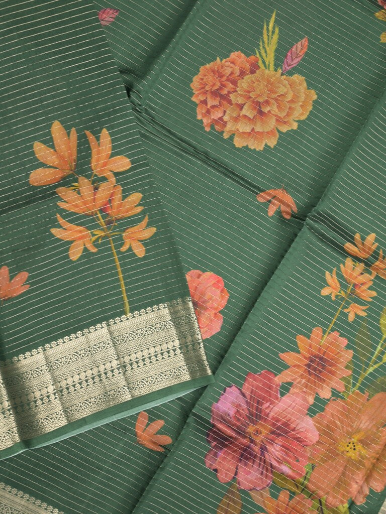 Maheshwari fancy saree bottle green color allover stripes, prints & zari border with zari pallu and plain blouse