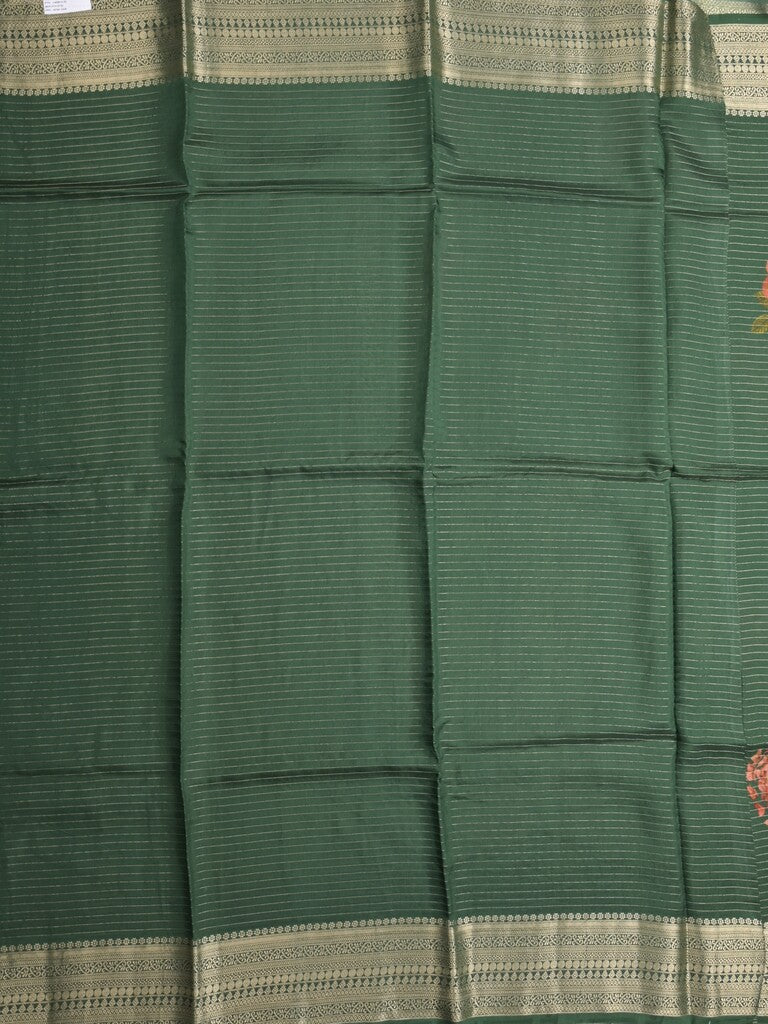Maheshwari fancy saree bottle green color allover stripes, prints & zari border with zari pallu and plain blouse