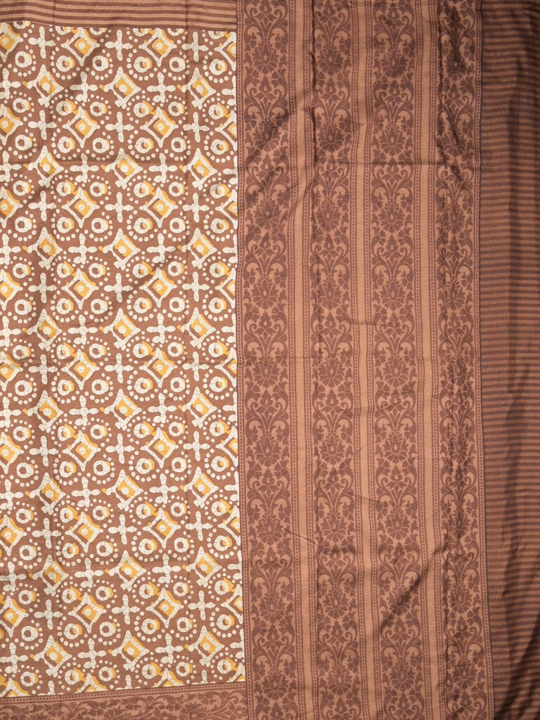 Crape fancy saree brown color allover prints & contrast border with printed pallu and attached plain blouse
