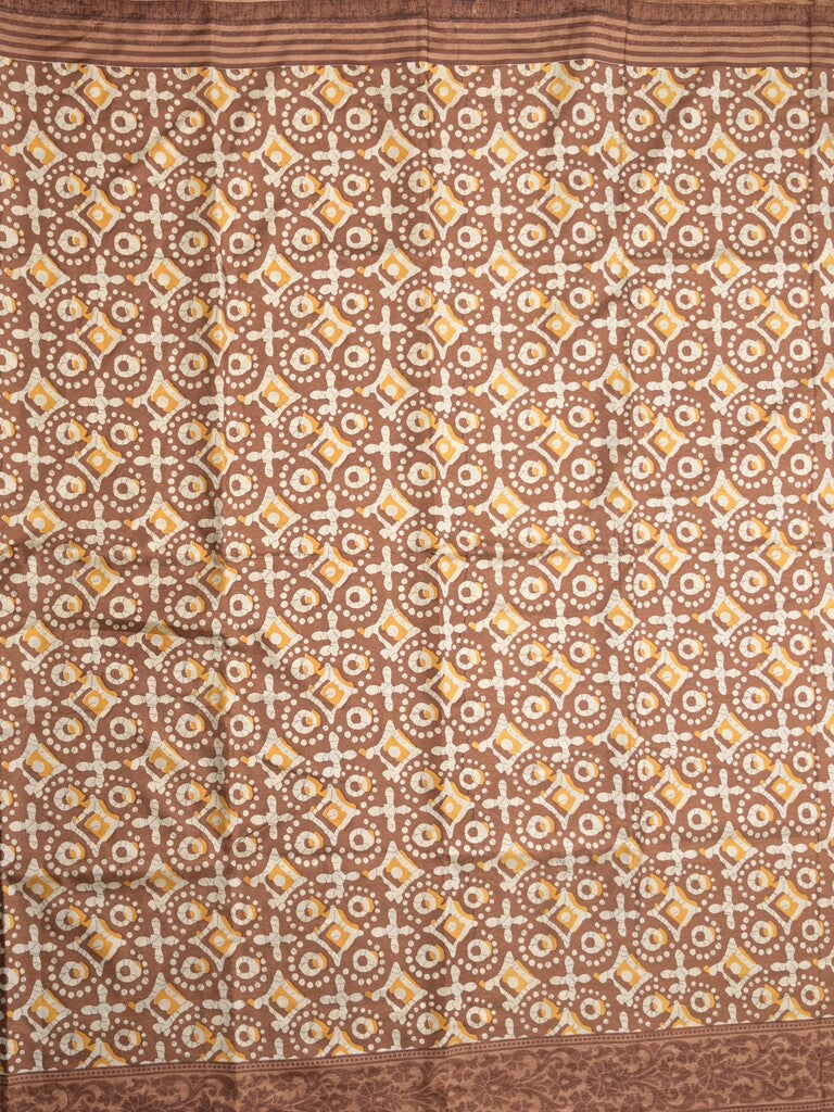 Crape fancy saree brown color allover prints & contrast border with printed pallu and attached plain blouse