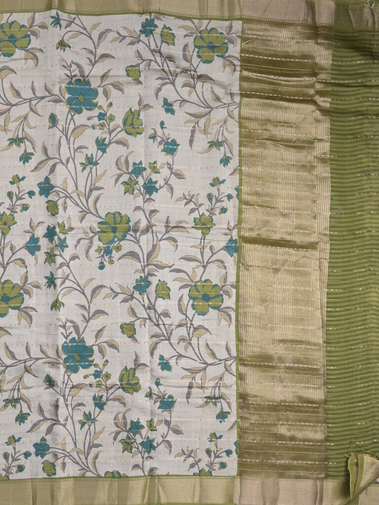 Maheshwari fancy saree white color allover prints & zari border with short zari pallu and contrast blouse