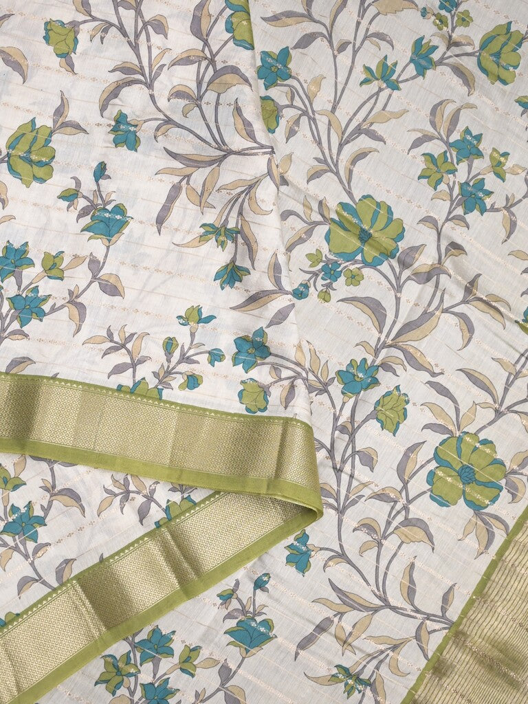 Maheshwari fancy saree white color allover prints & zari border with short zari pallu and contrast blouse