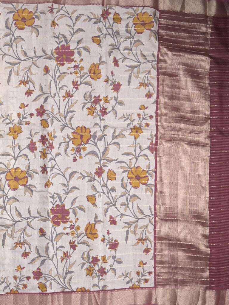 Maheshwari fancy saree white color allover prints & zari border with short zari pallu and contrast blouse