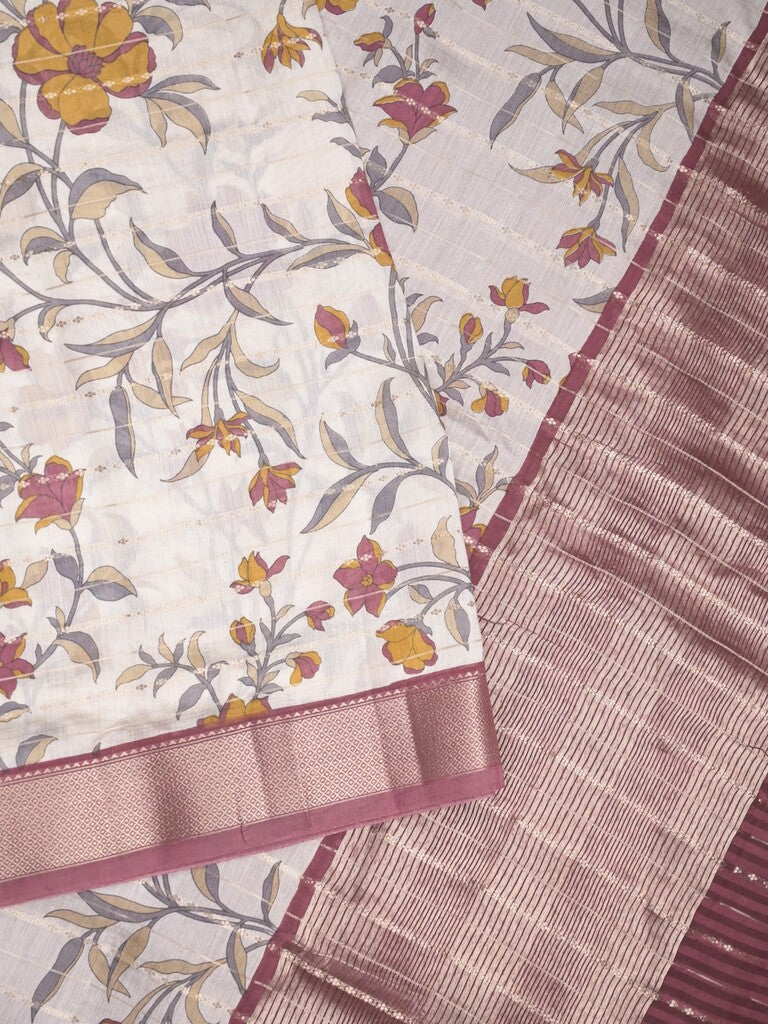 Maheshwari fancy saree white color allover prints & zari border with short zari pallu and contrast blouse