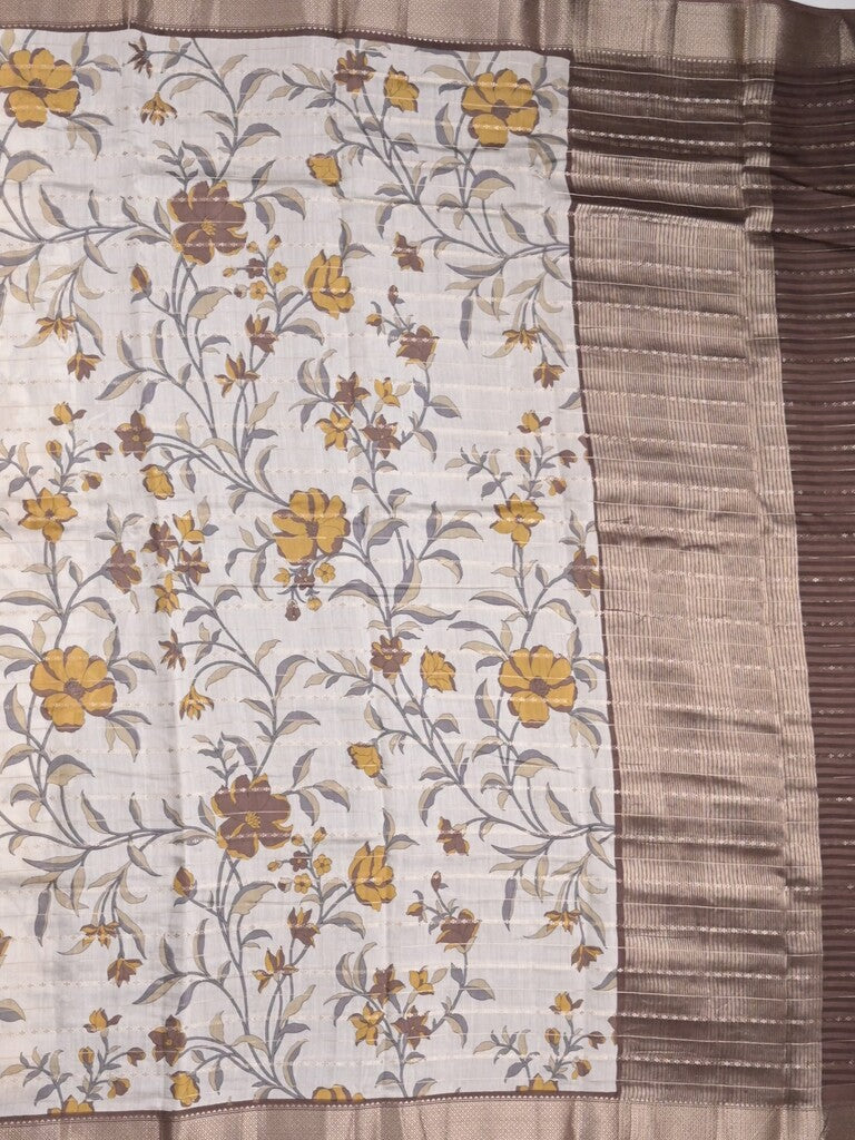 Maheshwari fancy saree white color allover prints & zari border with short zari pallu and contrast blouse