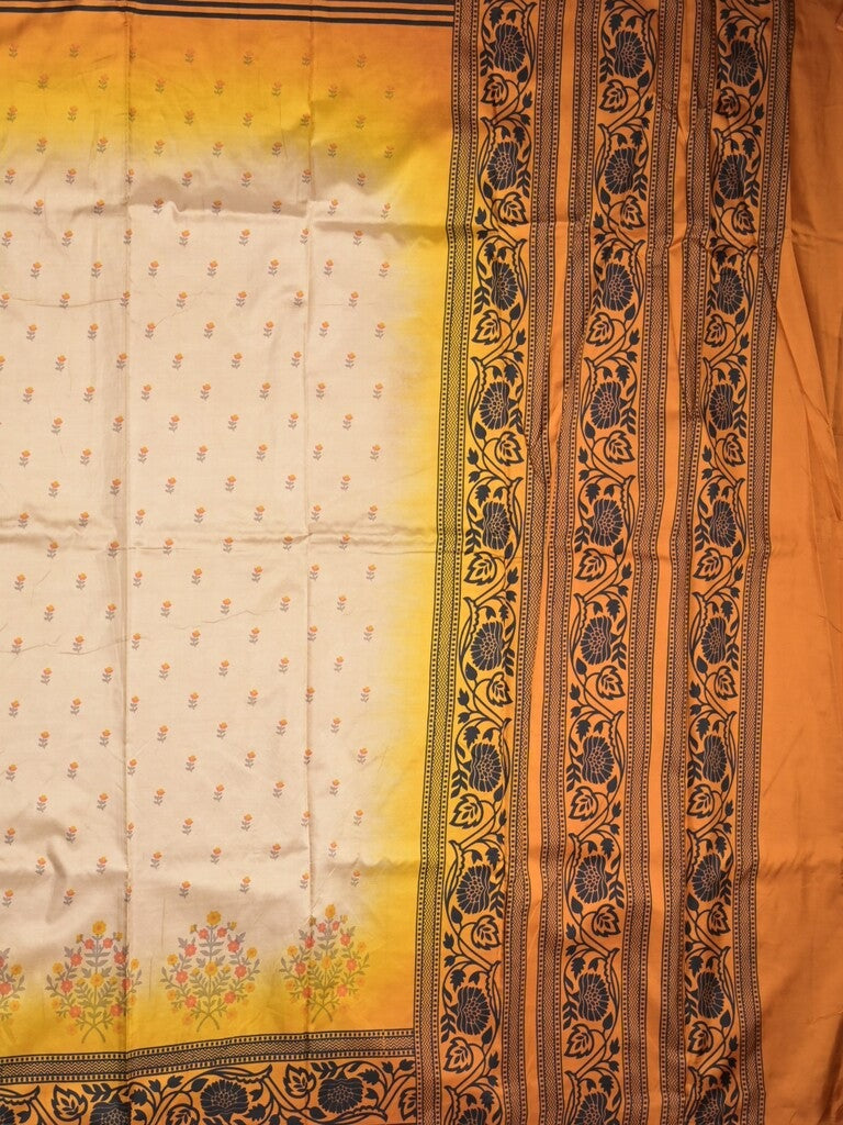 Crape fancy saree cream color allover prints & contrast border with printed pallu and attached plain blouse