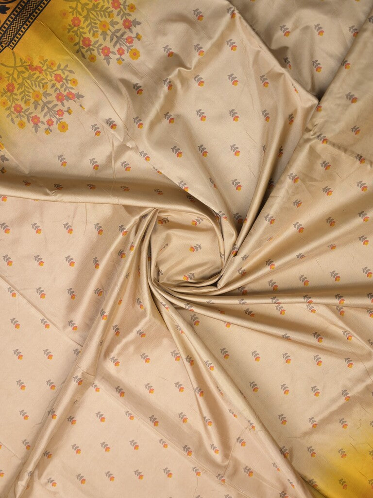 Crape fancy saree cream color allover prints & contrast border with printed pallu and attached plain blouse