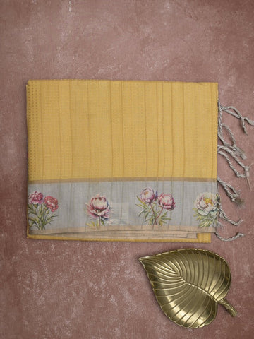 Tussar fancy saree for women | light yellow | plain | printed border