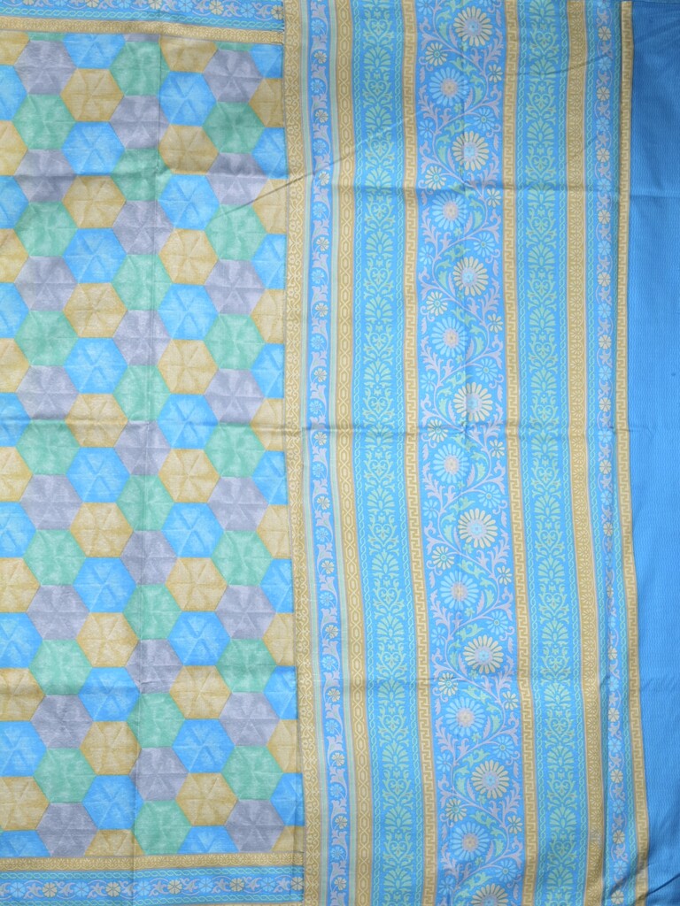 Crape fancy saree sky blue color allover prints & contrast border with printed pallu and attached plain blouse