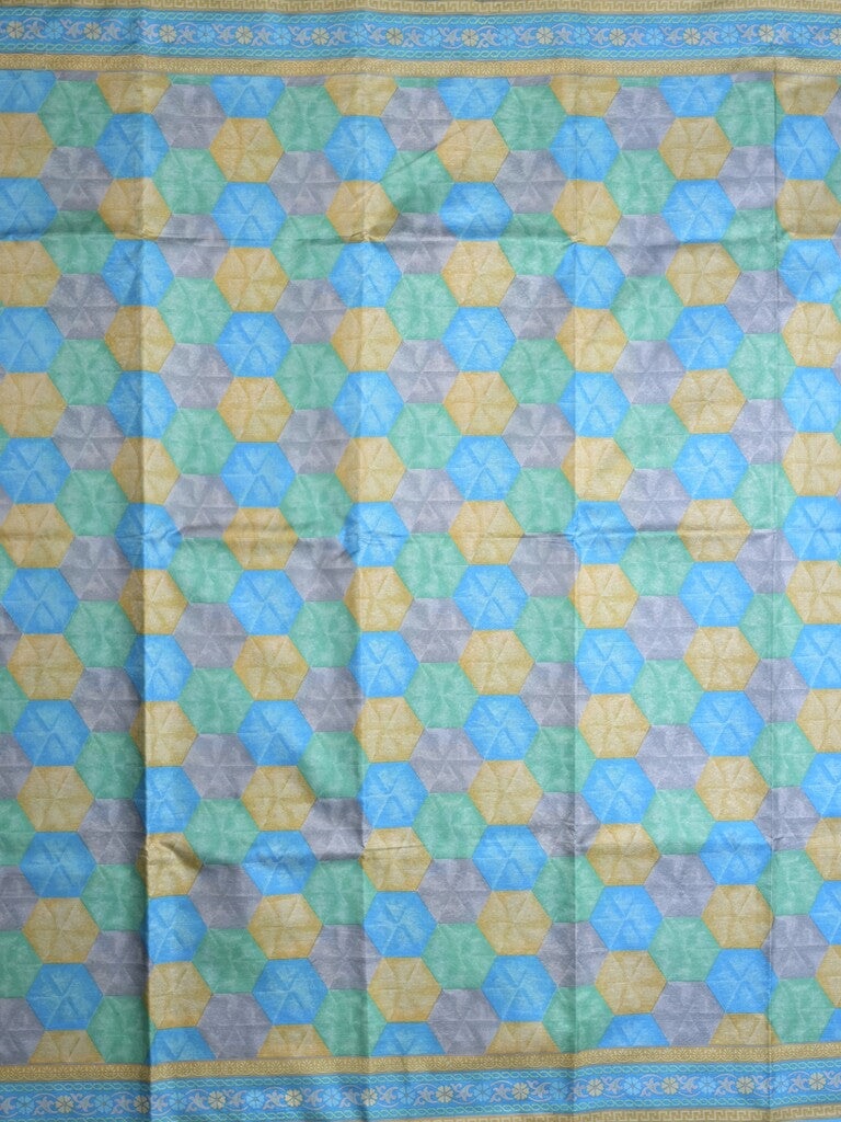 Crape fancy saree sky blue color allover prints & contrast border with printed pallu and attached plain blouse