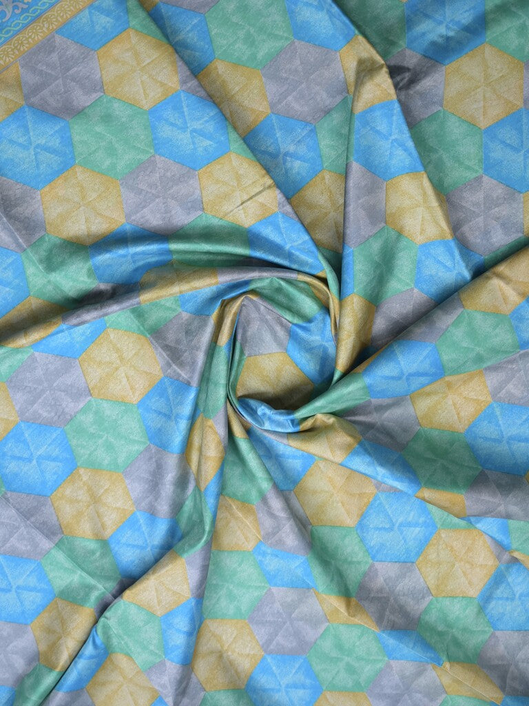 Crape fancy saree sky blue color allover prints & contrast border with printed pallu and attached plain blouse