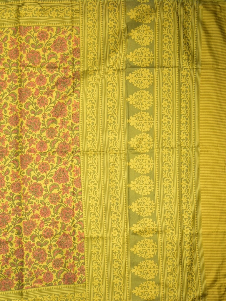 Crape fancy saree yellow color allover prints & contrast border with printed pallu and attached plain blouse