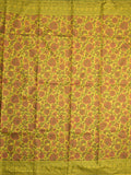 Crape fancy saree yellow color allover prints & contrast border with printed pallu and attached plain blouse