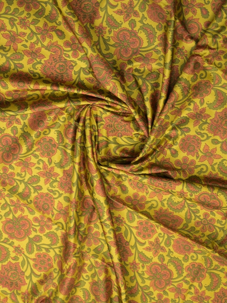 Crape fancy saree yellow color allover prints & contrast border with printed pallu and attached plain blouse