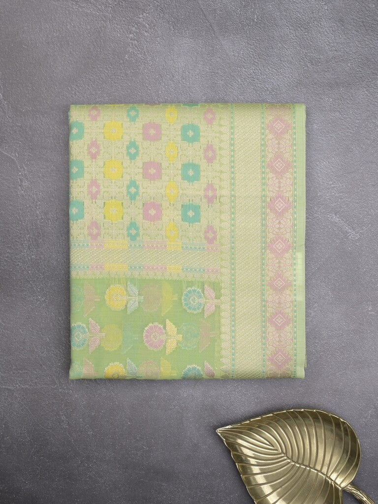 Chanderi fancy saree in light green color allover weaves & zari border with brocade pallu and brocade blouse