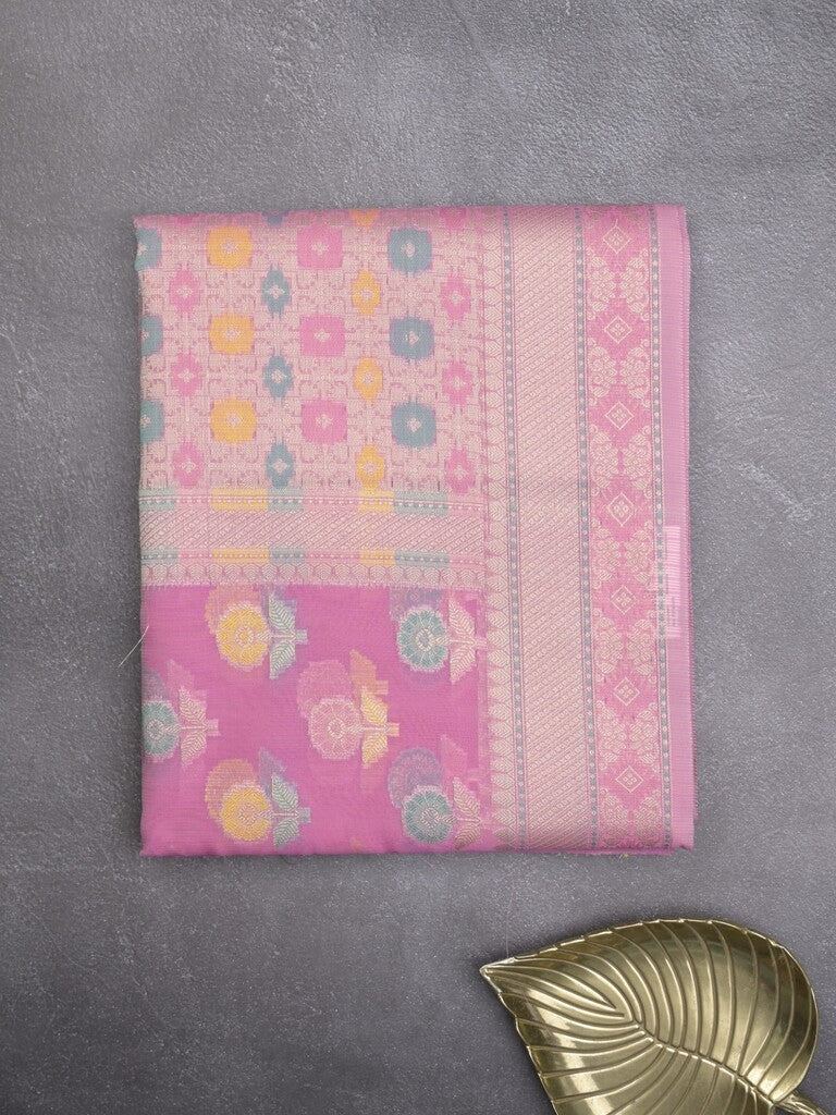 Chanderi fancy saree in pink color allover weaves & zari border with brocade pallu and brocade blouse