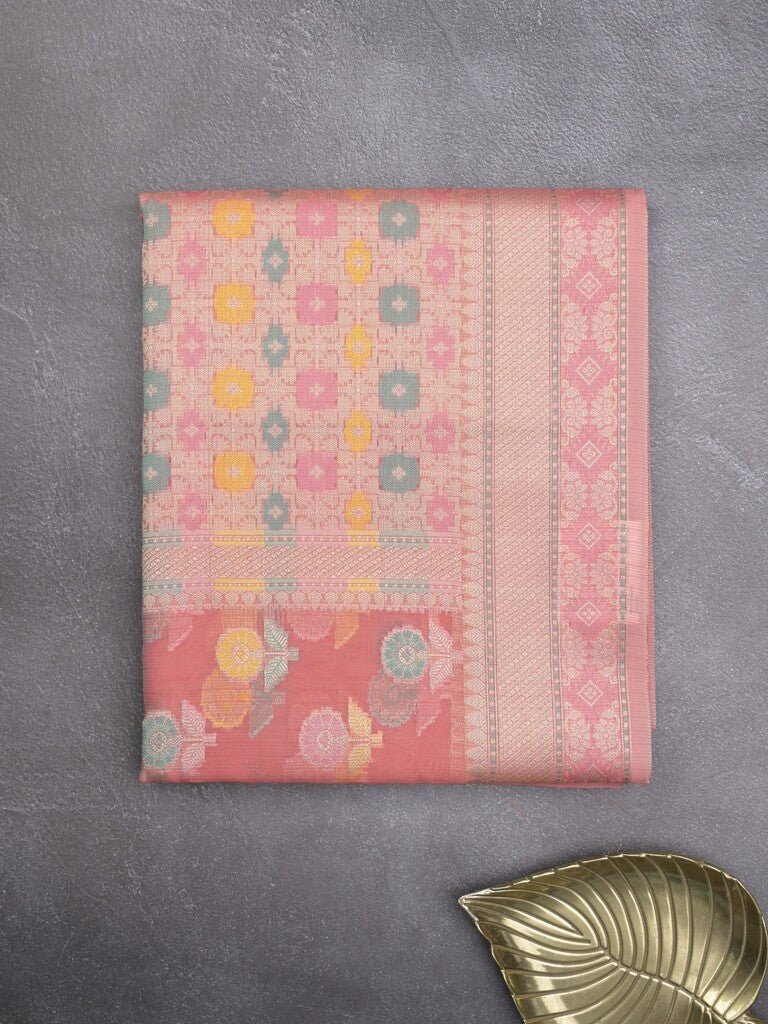 Chanderi fancy saree in peach color allover weaves & zari border with brocade pallu and brocade blouse