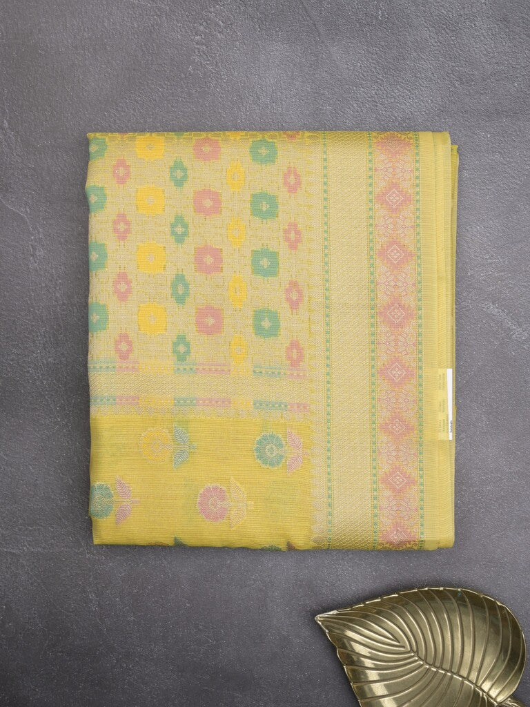 Chanderi fancy saree in yellow color allover weaves & zari border with brocade pallu and brocade blouse