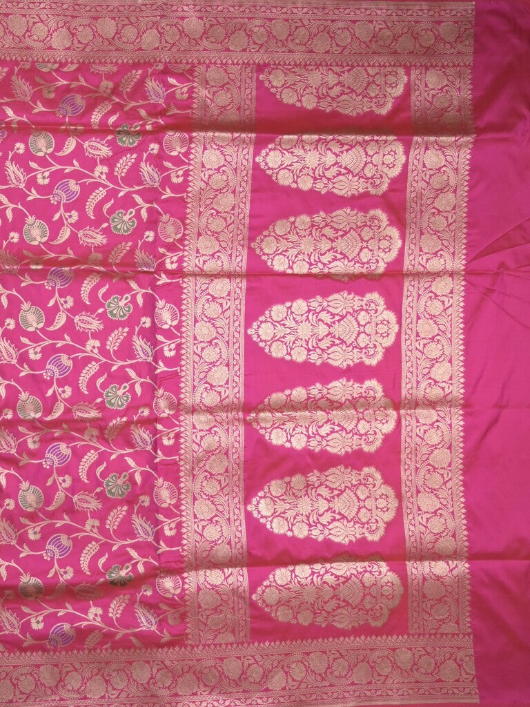 Banaras pattu saree rani pink color allover zari weaves & zari border with rich pallu and attached plain blouse