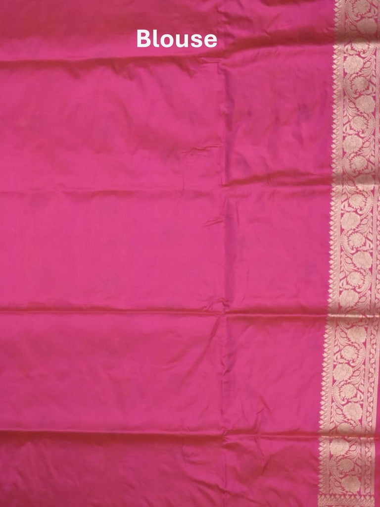 Banaras pattu saree rani pink color allover zari weaves & zari border with rich pallu and attached plain blouse