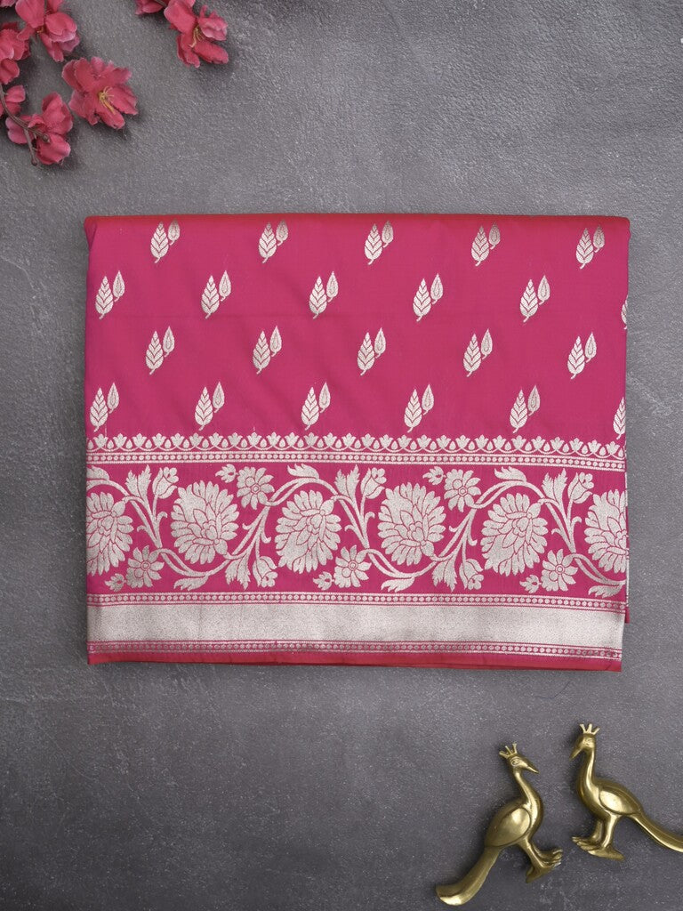 Banaras pattu saree in dark pink color allover zari motifs & zari border with brocade pallu and brocade blouse
